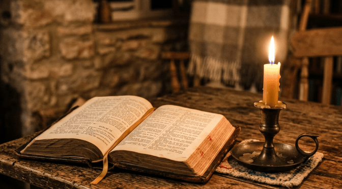 Open book and lit candle on a rustic wooden table