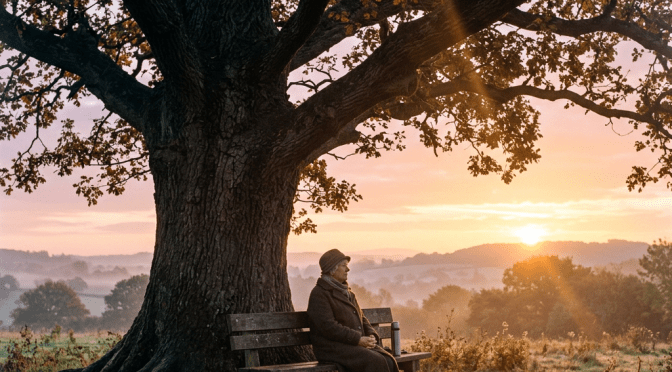 Elderly person sitting on a bench beneath a large oak at sunrise
