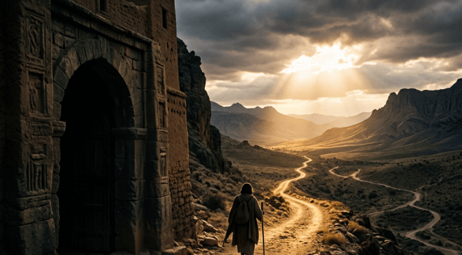 Lone traveler walking a mountain trail beside an ancient stone gateway