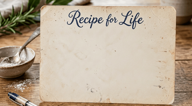 Recipe for Life. Yield: A meaningful life | Prep Time: Daily | Bake Time: A Lifetime. Ingredients: 2 cups of Kindness; 1 ½ cups of Laughter; 1 large measure of Gratitude; 3 tbsp of Patience; A generous dollop of Hope; A pinch of Faith; Abundant Love (no measure needed); A handful of Dreams & Adventure; 1 tsp of Resilience; (Optional: A splash of Humor). Directions: 1. Combine Kindness, Laughter, and Gratitude daily. 2. Mix thoroughly with Love. Add Patience and Hope, stirring gently. 3. Incorporate Dreams and Adventure for flavor. 4. If things get bumpy, stir in Resilience & Faith. 5. Bake slowly under the warmth of the sun and stars. 6. Serve generously to others and yourself. Enjoy every moment!