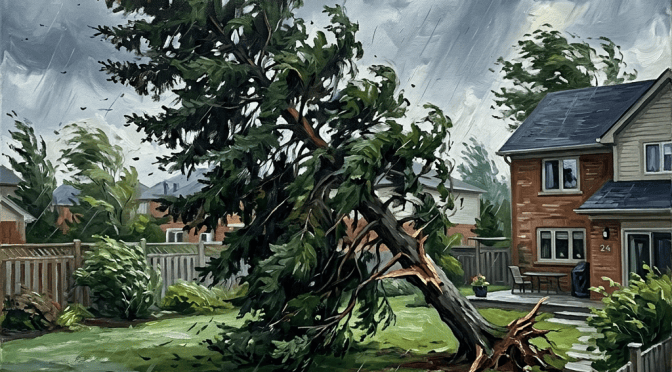 Storm-damaged evergreen tree leaning across a suburban backyard