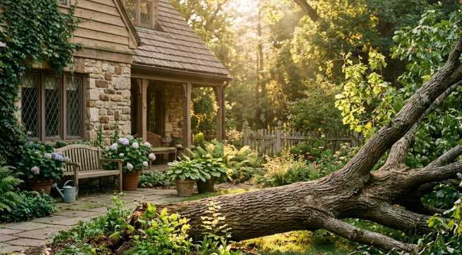 Sunlit cottage garden with a fallen tree beside a stone cottage