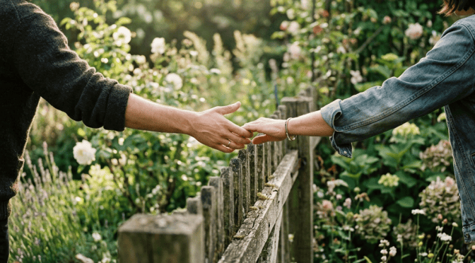 Two people reaching hands across a garden fence