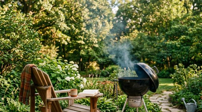 Steaming charcoal grill beside a wooden chair with coffee in garden