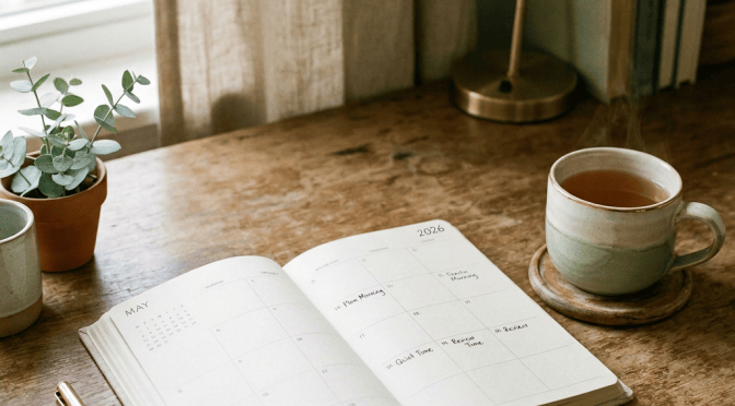 Open May 2024 planner beside tea cup, pen, books, and plant