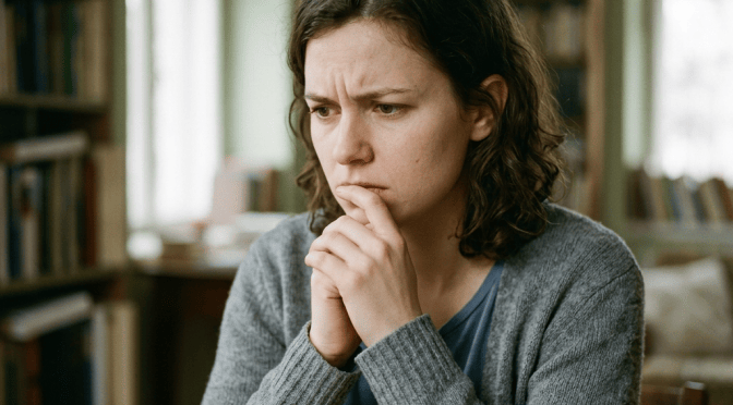 Woman sitting thoughtfully with clasped hands in a book-lined room