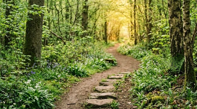 Stone-lined woodland path winding through lush green forest