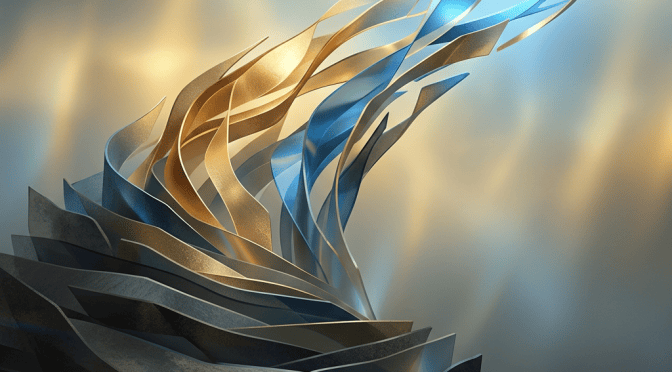 Abstract metallic ribbons in gold, blue, and dark tones rising upward