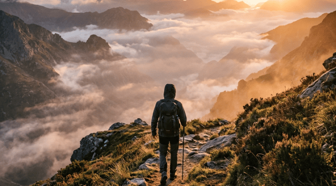 Hiker with backpack walking a mountain trail above clouds at sunrise