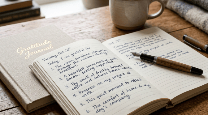 Open Gratitude Journal with handwritten reflections, tea mug, pen, books, plant, and blanket