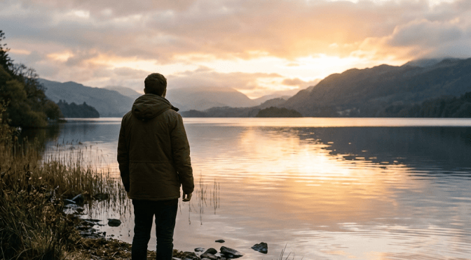 Person standing on a rocky lakeshore overlooking a mountain lake at sunset