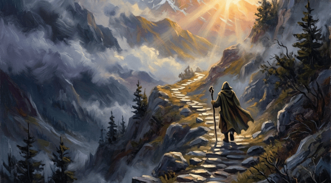 Cloaked traveler walking a mountain trail toward sunlit peaks