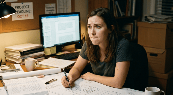 Student reviewing architectural plans at a desk beside a computer and books