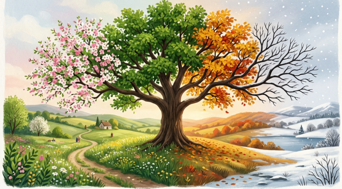 Tree displaying spring, summer, autumn, and winter across a countryside landscape