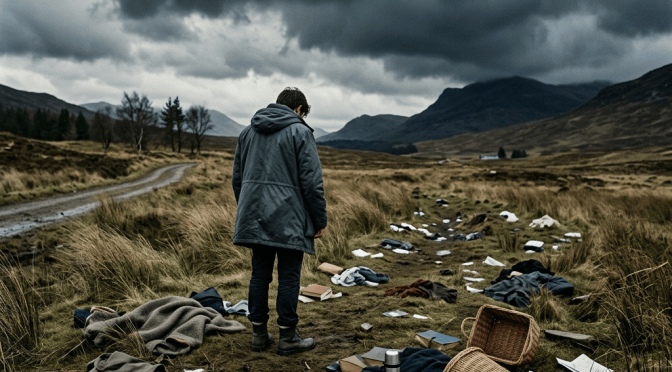 Traveler standing amid scattered belongings in a stormy mountain landscape