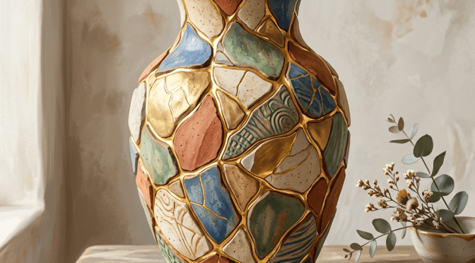 Colorful mosaic ceramic vase beside dried foliage on a wooden table