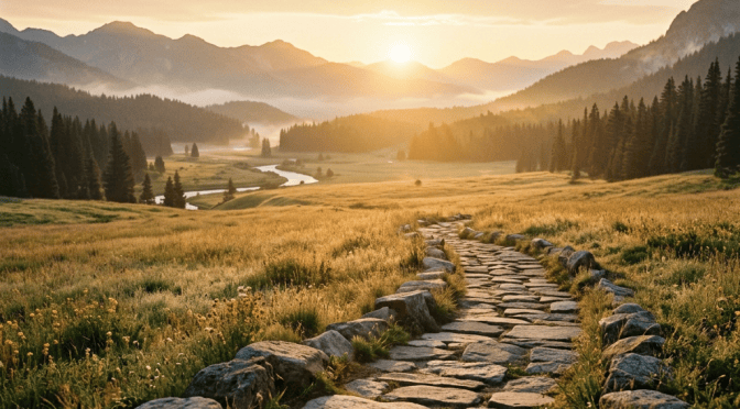 Stone path through a meadow toward mountains at sunset