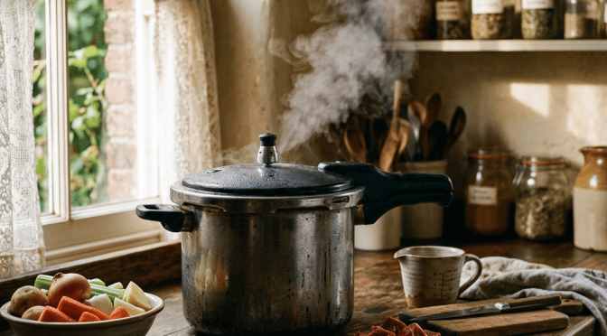 Steaming pressure cooker with vegetables, herbs, and diced meat on a wooden counter