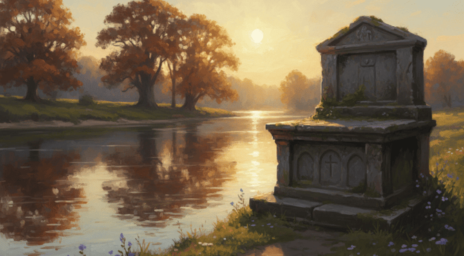 A peaceful, reflective scene of an ancient stone memorial or altar beside a calm river at golden hour, soft warm light, serene and hopeful atmosphere, painterly style