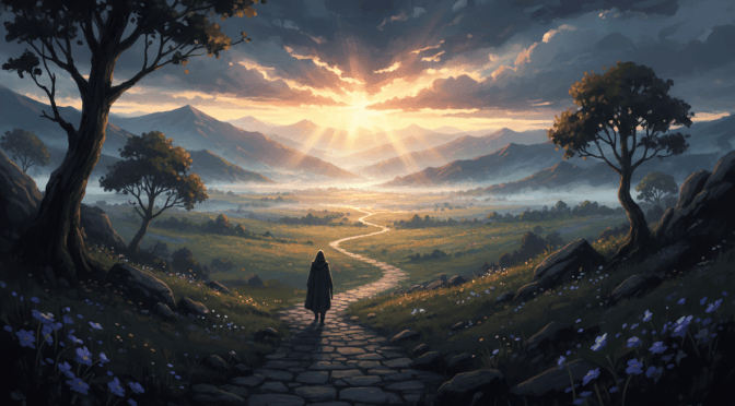 A serene, hopeful landscape at dawn. A lone figure walks a winding path through a valley, moving toward a soft golden light breaking through dark storm clouds on the horizon. The foreground is shadowed but the light ahead is warm and radiant. Painterly, cinematic style, emotionally evocative, wide landscape orientation.