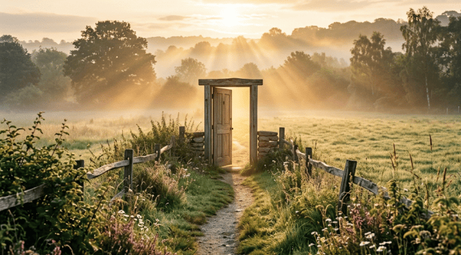 Open wooden doorway on a wildflower-lined path in a misty meadow