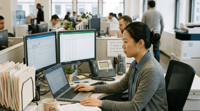 Employee working at a computer workstation in a busy office