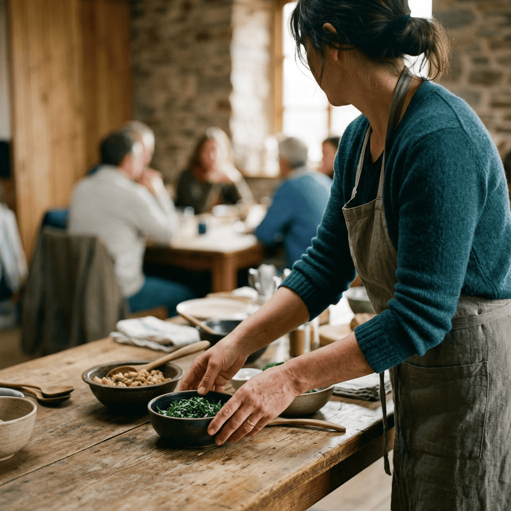Server arranging bowls of food on a rustic restaurant table