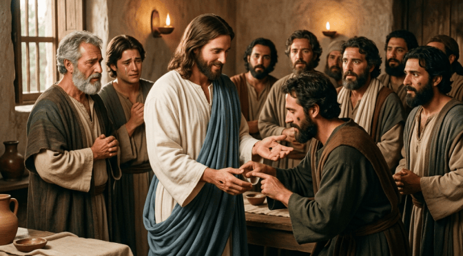 Bearded robed teacher gestures toward a kneeling man surrounded by followers