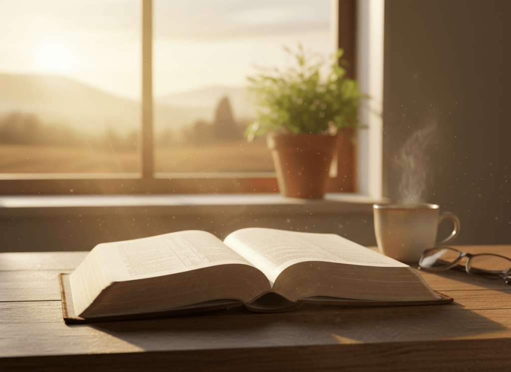 A warm, inspiring image of an open Bible on a wooden table with soft morning light streaming through a window, symbolizing learning, wisdom, and spiritual growth. Soft golden tones, peaceful and encouraging mood.