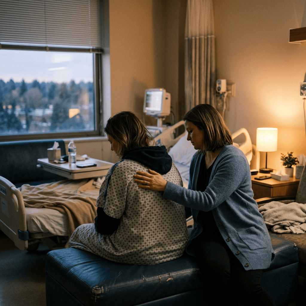Caregiver comforting a seated patient in a hospital room
