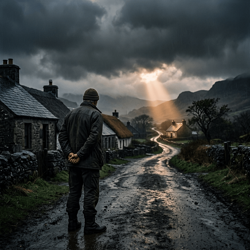 Worried father facing hopeful light