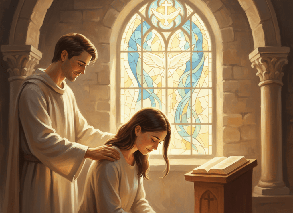 A warm, uplifting scene of one person placing a hand on another person's shoulder in a gesture of support and encouragement. Soft golden light, hopeful and faith-filled atmosphere, subtle biblical or church setting in the background. Painterly, inspirational style suitable for a Christian blog post.