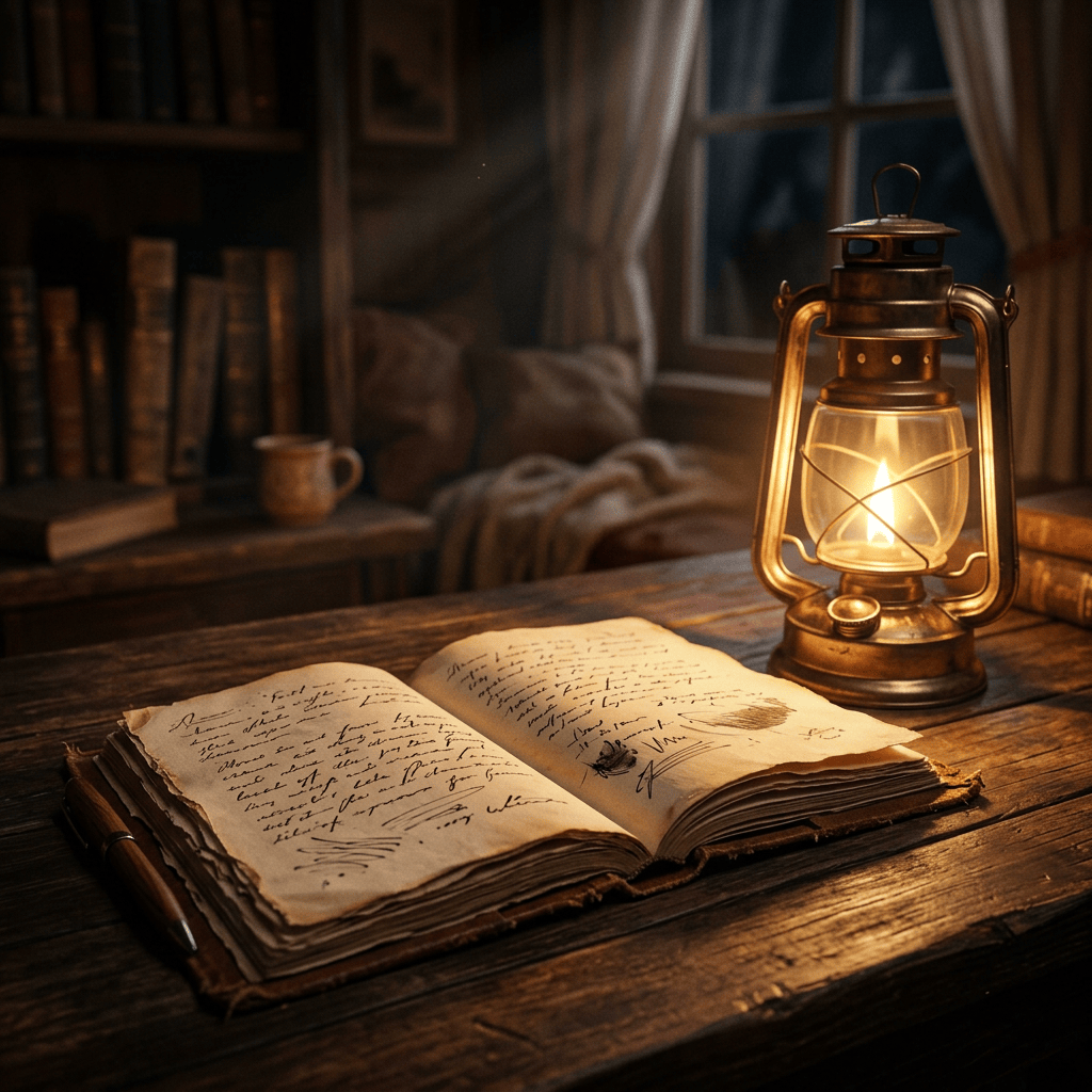 Open handwritten journal beside a glowing lantern on a wooden desk