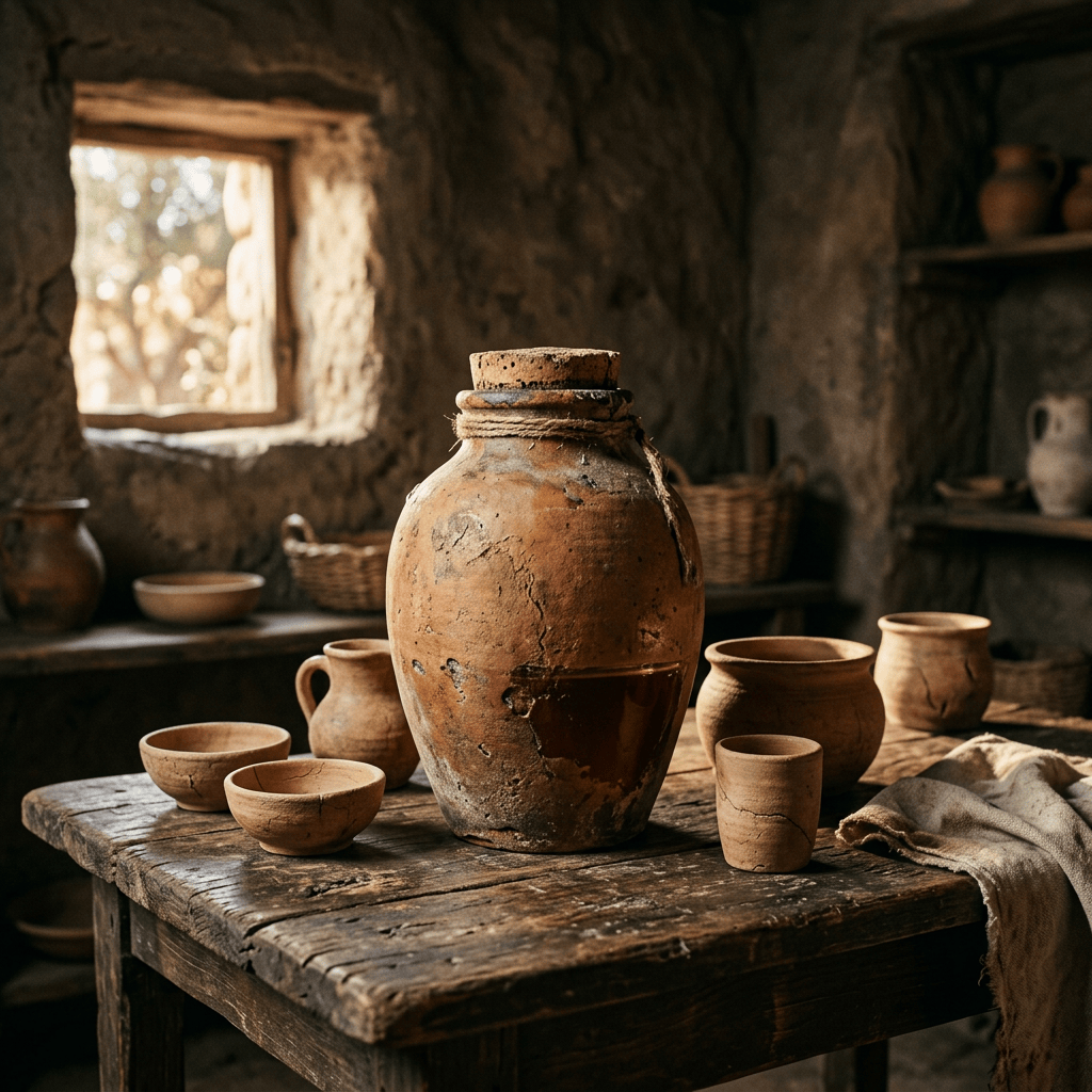 Large weathered ceramic vessel surrounded by handmade cups on a wooden table