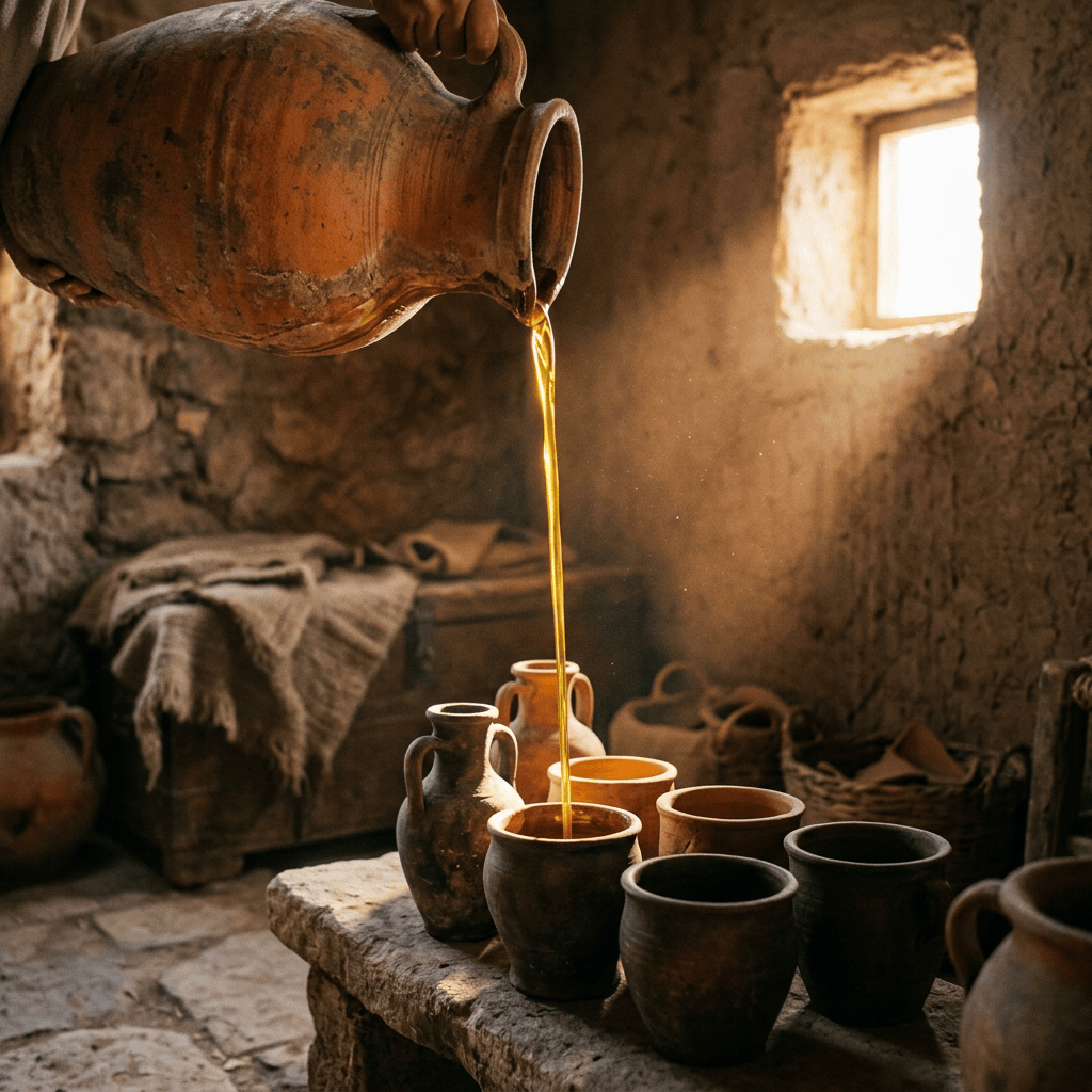 Person pouring golden oil from a clay jug into pottery cups
