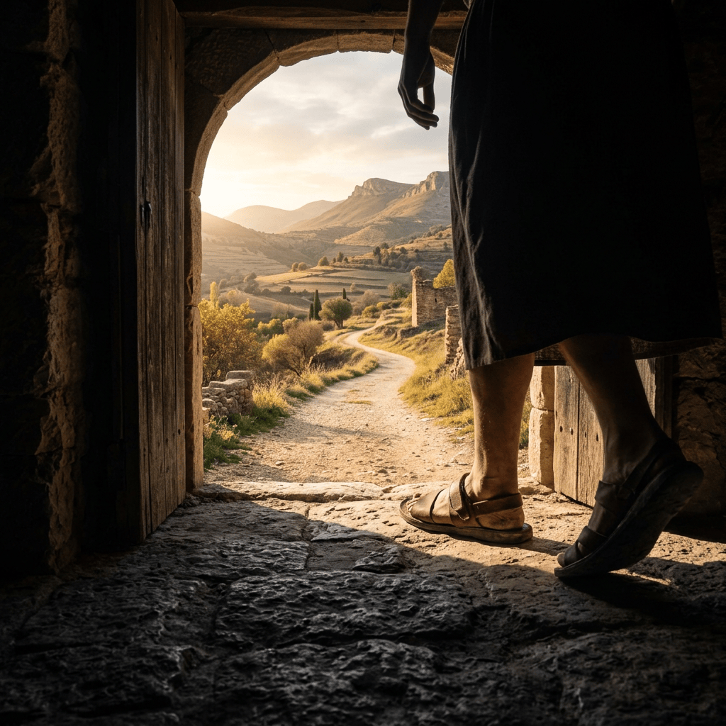 Person stepping through a stone doorway toward a sunlit mountain valley