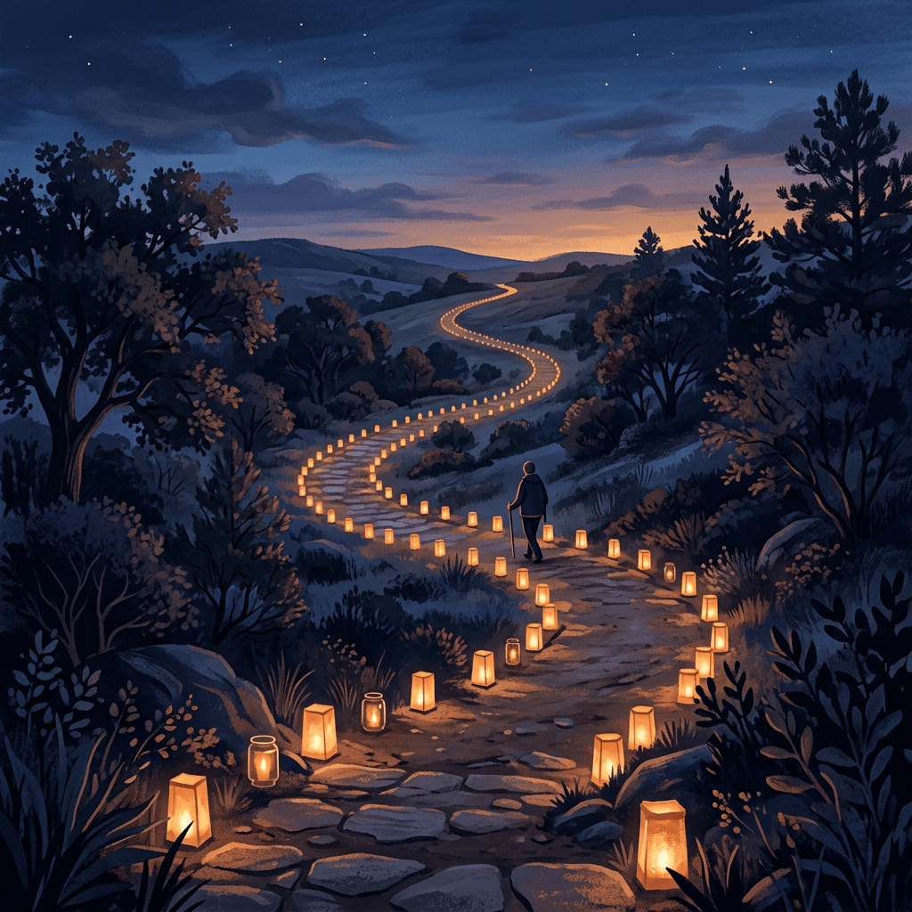 A person walking along a lantern-lit trail through wooded hills at dusk