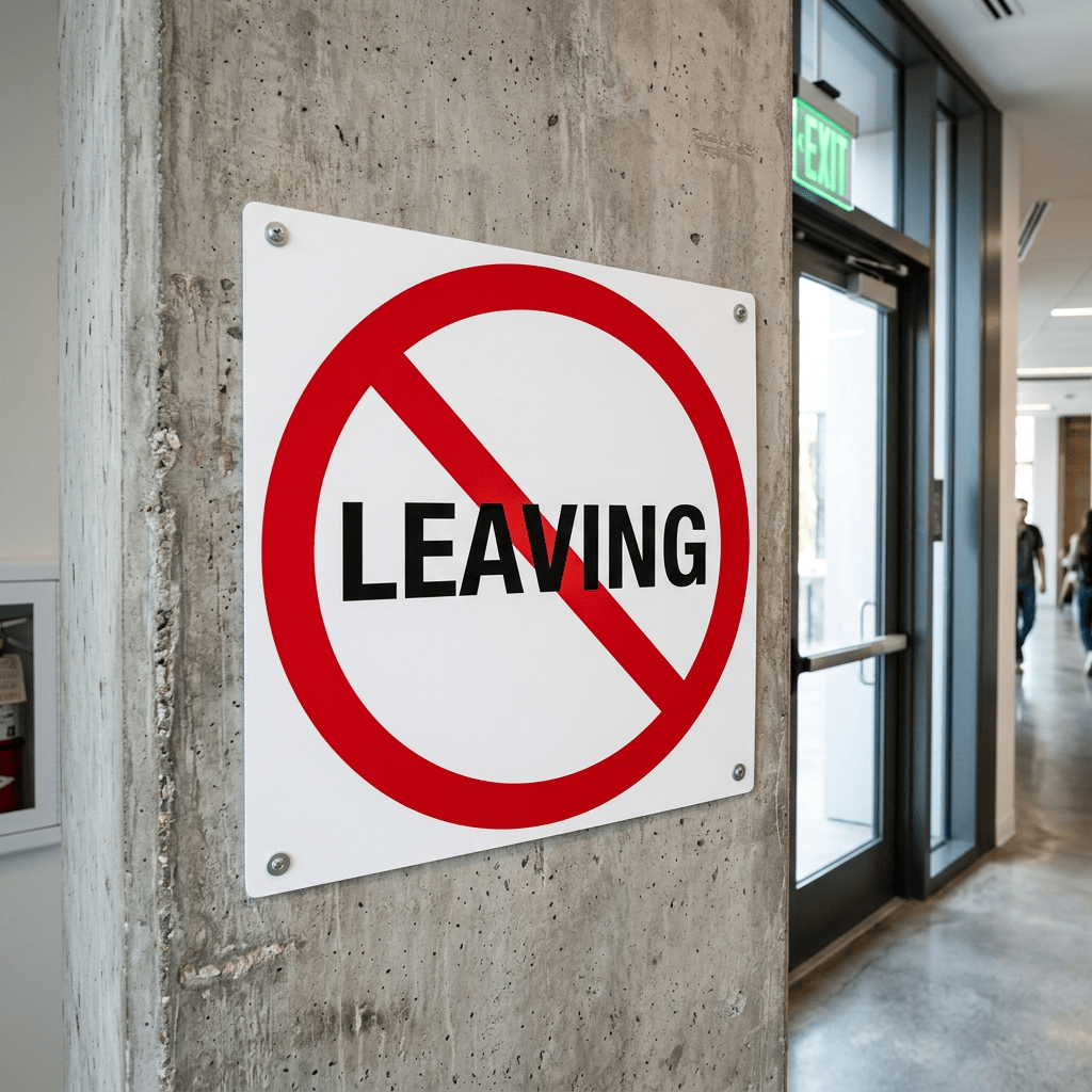 Sign reading “LEAVING” crossed out beside an illuminated EXIT door