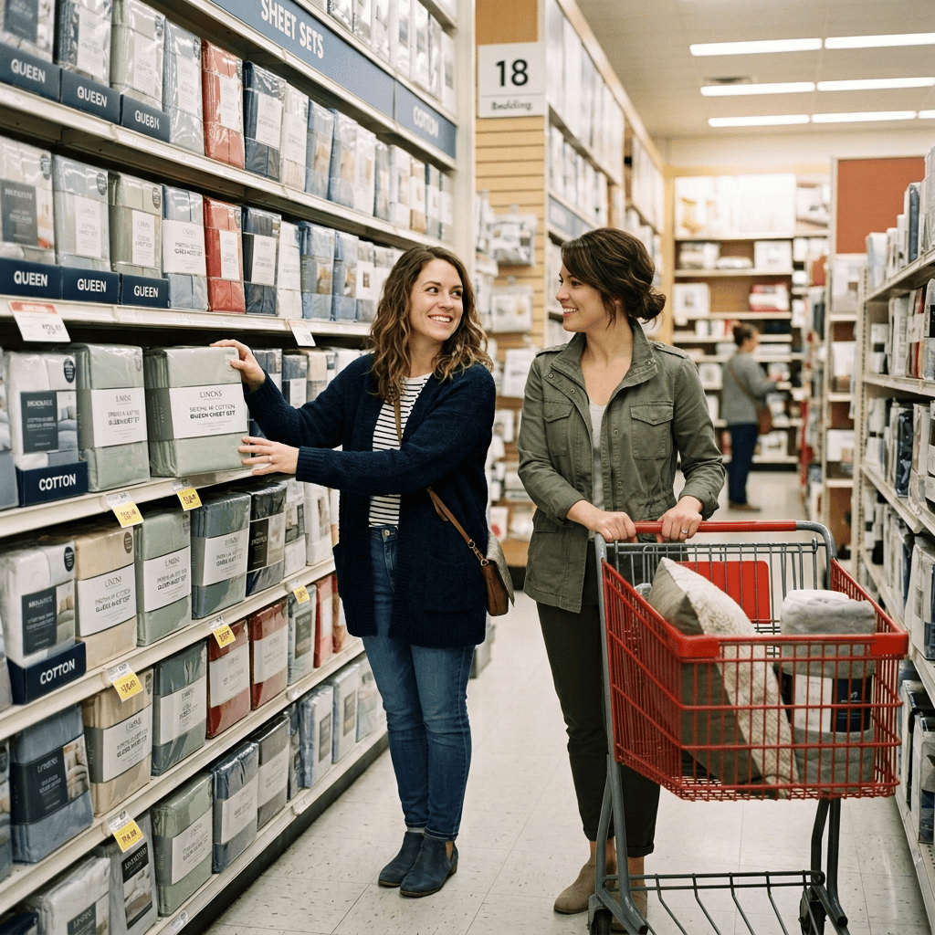 Couple choosing sheet sets beside a shopping cart in a bedding aisle