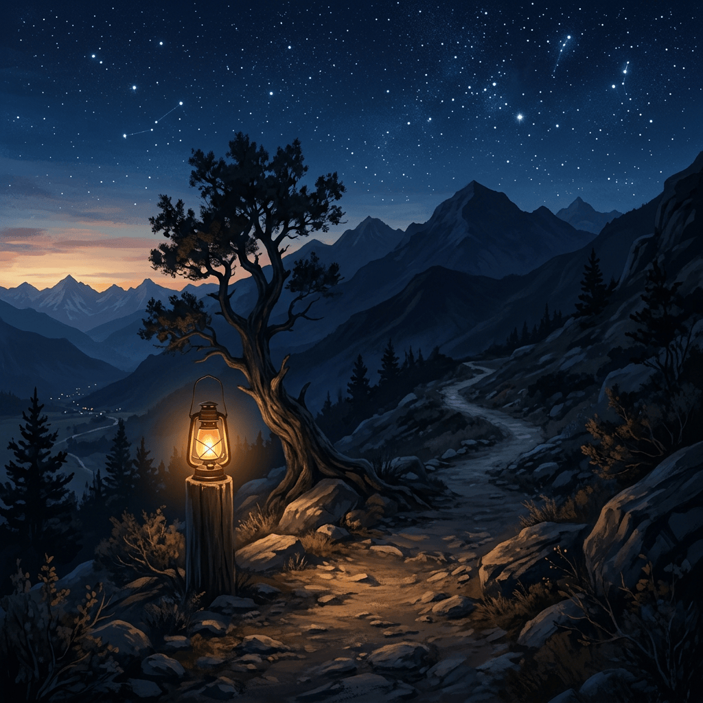 Glowing lantern beside a mountain trail under a starry sky