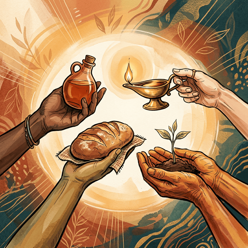 Four hands holding oil, bread, a lit lamp, and a seedling