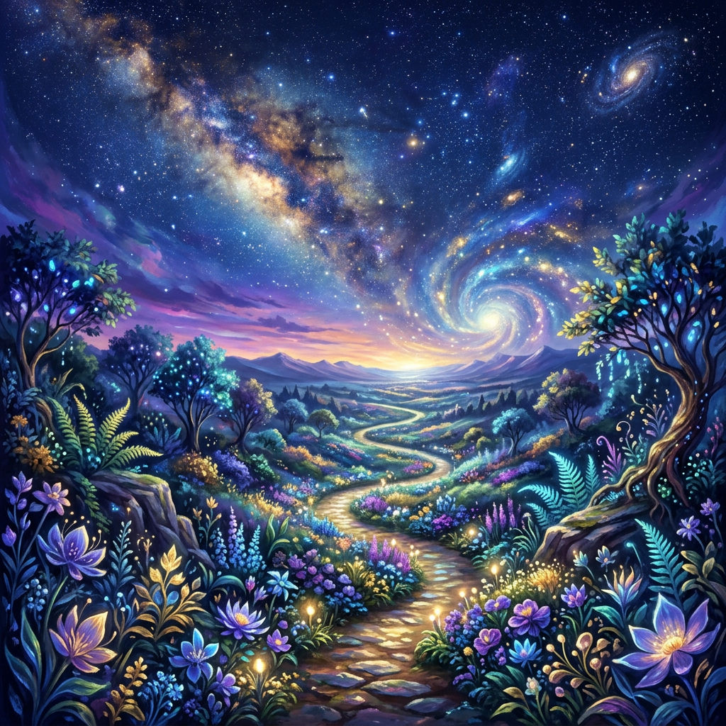 Glowing garden path winding through flowers toward a galaxy-filled mountain valley
