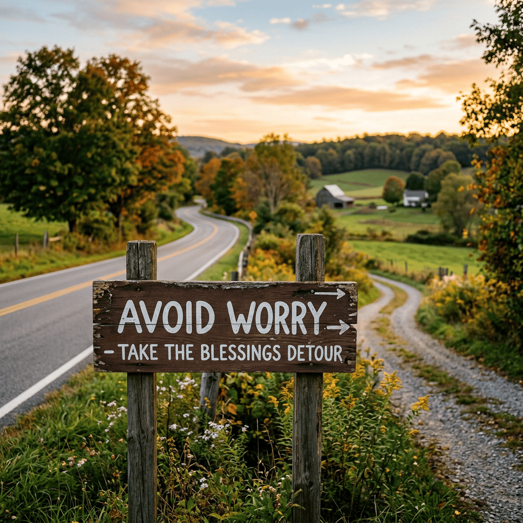 Rustic sign reading “AVOID WORRY — TAKE THE BLESSINGS DETOUR” beside country roads