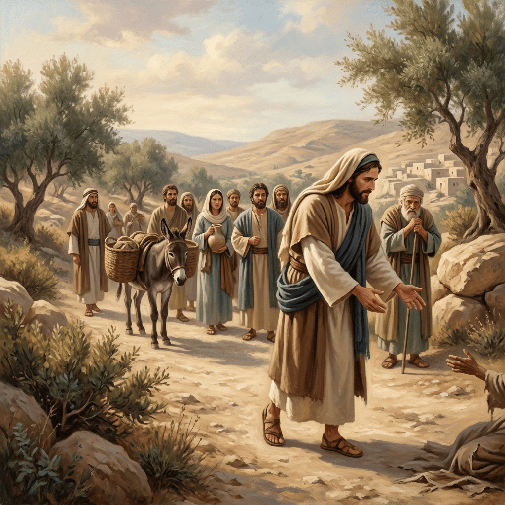 A robed man leads companions and a loaded donkey through a hilly village landscape