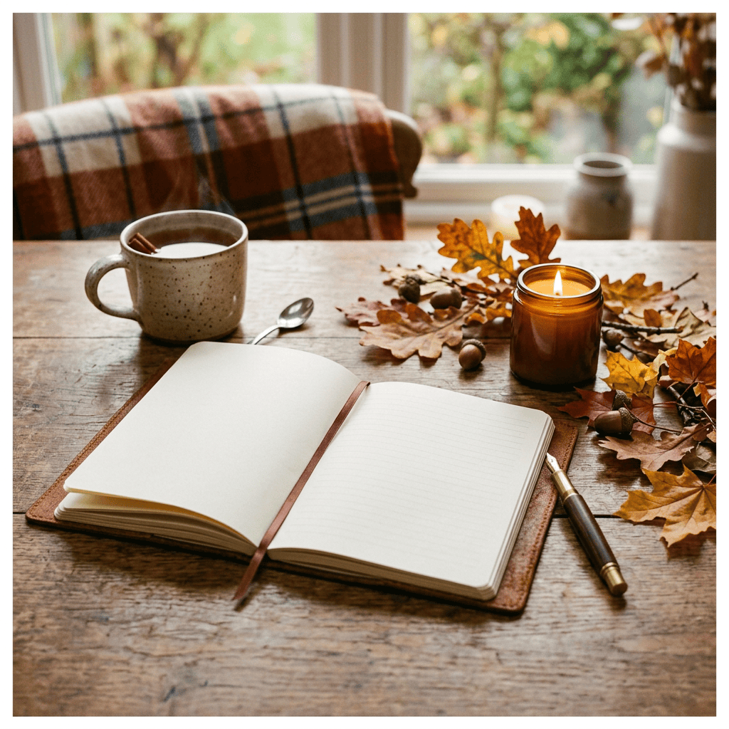 Journal, tea, autumn leaves, and candle