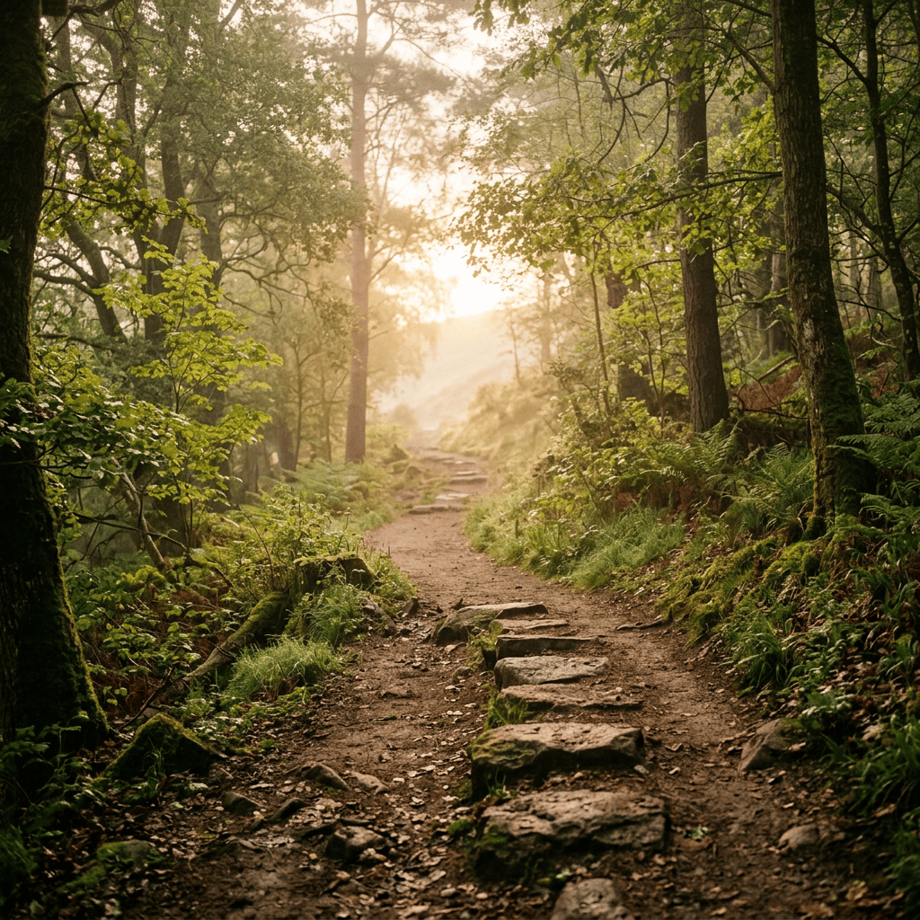 Mossy forest trail winding through trees toward sunlight